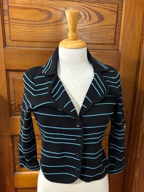 👇$Drop Etcetera Striking Black & Sky Blue Blazer-Style Cardigan •Sophisticated•